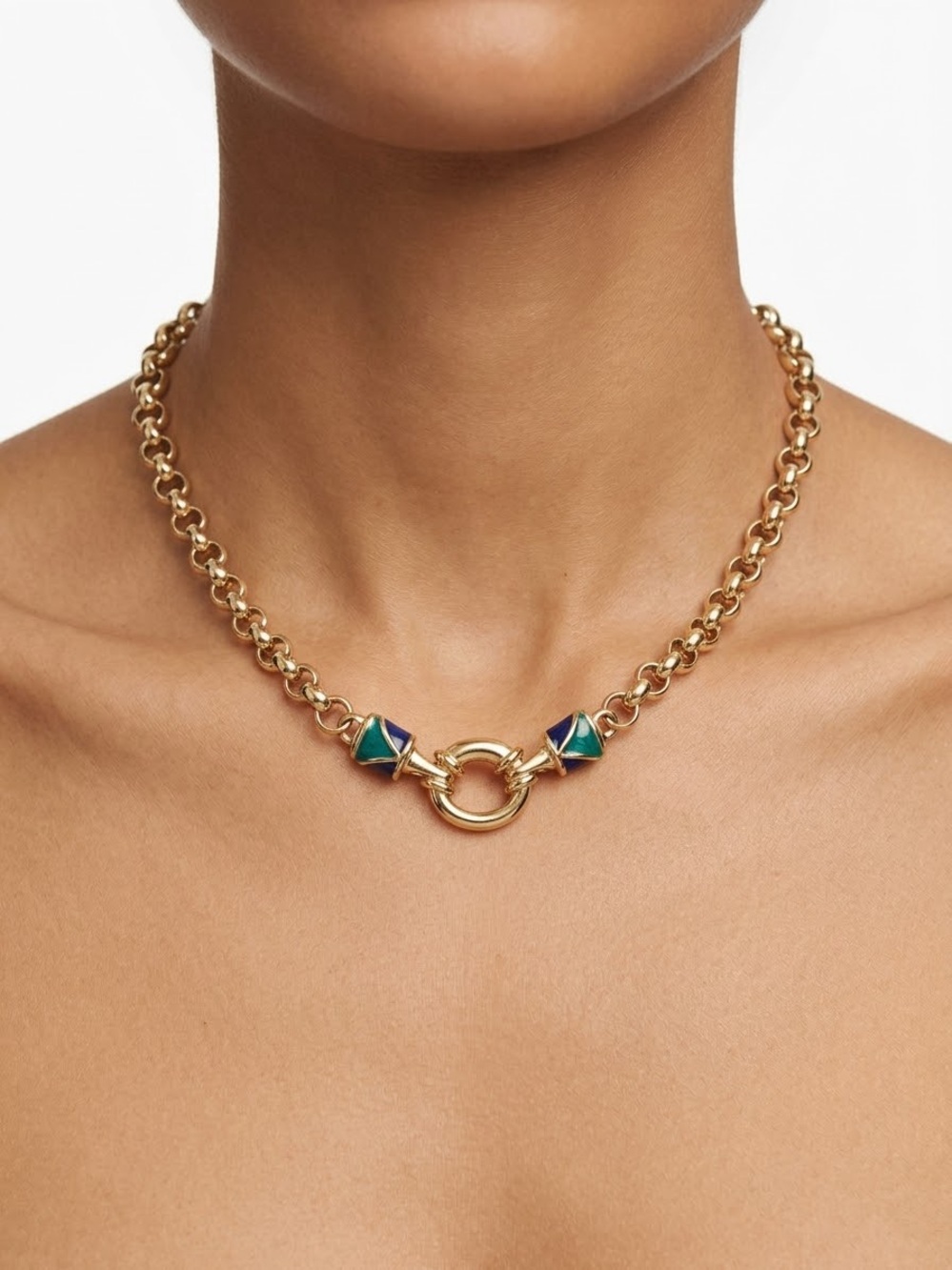 Gold Chain Necklace with Blue-Green Accent Beads